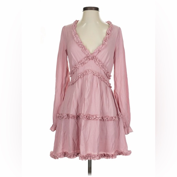 Francesca’s mi Ami Blush Pink Ruffle V-Neck Long Sleeve Mini Dress - Picture 4 of 9